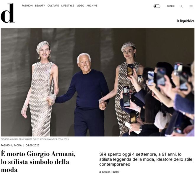 落！乔治·阿玛尼去世享年91岁不朽情缘app“时尚之王”陨(图2)